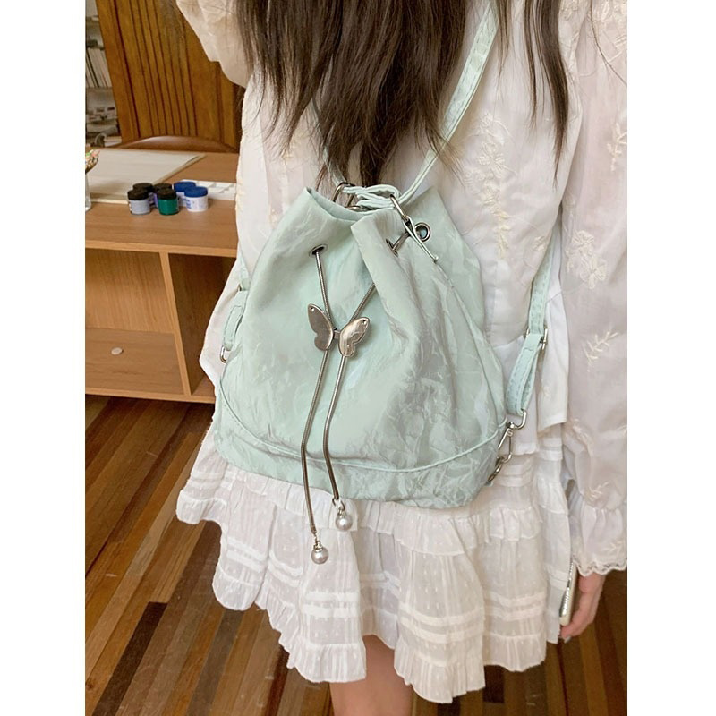 Women Bags Green - Women Mint Green Butterfly Drawstring Backpack