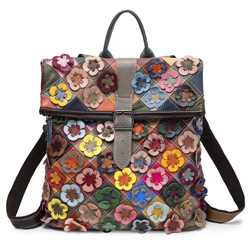 Women Bags Casual - Vintage Women Genuine Leather Backpack Flower
